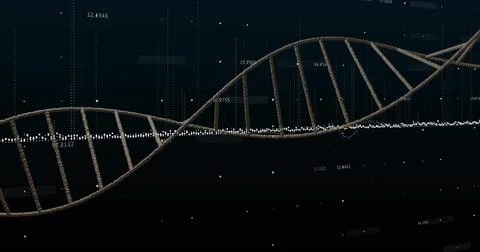 Displaying DNA helix undulating across data canvas, with glowing points and Stock Illustration