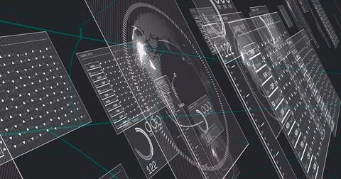 Displaying dominant translucent tilted UI panel centered in virtual 3D space, Stock Illustration