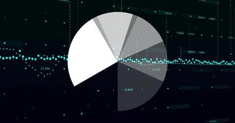 Displaying donut chart crossing teal scatter trend line on dark data dashboard, Stock Illustration