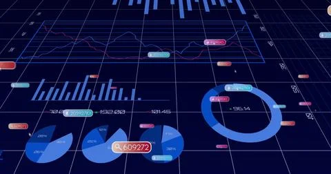 Displaying donut chart showing segmented blue ring on 3D grid plane, numeric Stock Photos