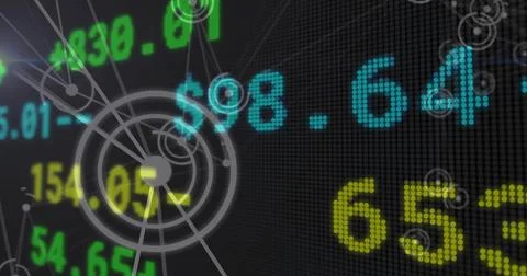 Displaying dot-matrix digits on trading dashboard, showing cyan $98 Stock Illustration