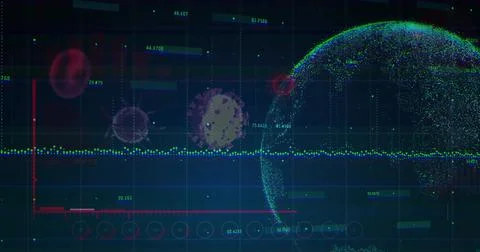 Displaying dot-matrix globe on data dashboard, with virus icons, gridlines, data Stock Illustration