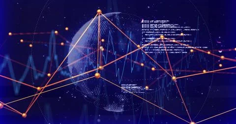 Displaying dot matrix globe pulsing with orange nodes in data interface, code 스톡 사진