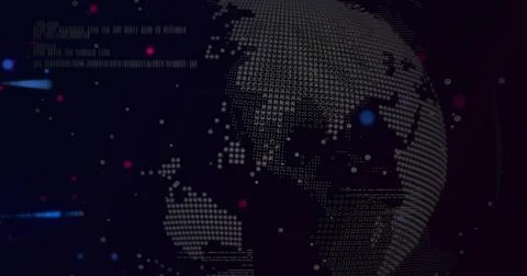 Displaying dot matrix globe rotating within dark data environment with binary Stockillustratie