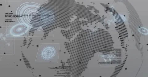 Displaying dot-matrix globe rotating in virtual dashboard, with clear panels  Illustrazione stock