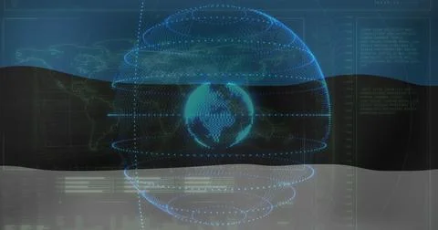 Displaying dot matrix globe rotating within console interface, with glowing Foto stock