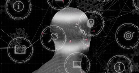 Displaying dot-matrix head floating in grid network with circular interface i Stock Illustration