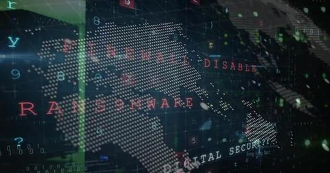 Displaying dot matrix world map streaming red ransomware alert in cyber Illustrazione stock