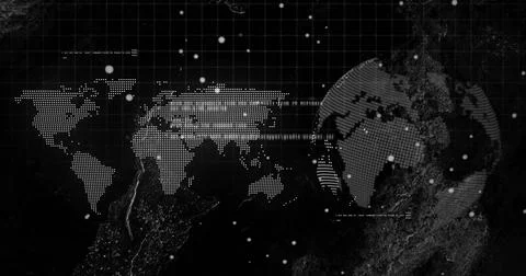 Displaying dot-matrix world map and globe over grid, with floating dots and Stock Illustration