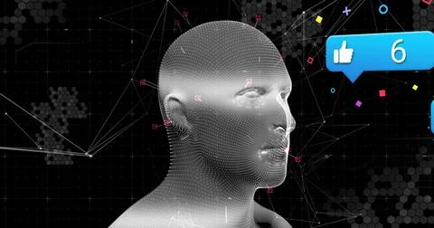 Displaying dot-mesh head facing right in virtual network, showing blue thumbs-up Illustrazione stock