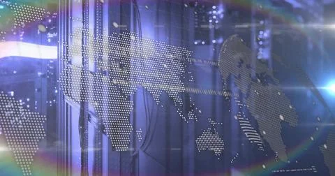 Displaying dot-patterned world map overlay across server racks in cooled data Stockfoto's