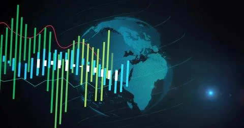 Displaying dotted 3D globe and colorful bar chart in virtual dashboard, showing Stock Illustration