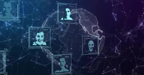 Displaying dotted 3D globe and translucent profile tiles floating in data 스톡 사진