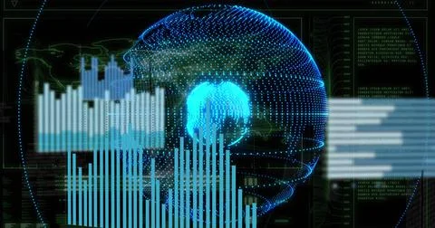 Displaying dotted 3D globe with bright cyan core pulsing in control dashboard, Stock Illustration
