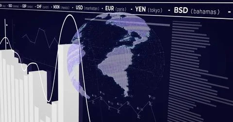 Displaying dotted 3D globe depicting Americas on widescreen dashboard, with Stock Photos