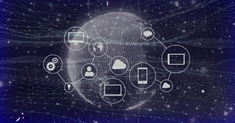 Displaying dotted 3D globe mesh in cyberspace, with device icons, cloud, gear Stock Photos