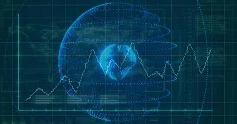 Displaying dotted 3D globe occupying center in teal HUD, with line graphs, grid Stock Illustration