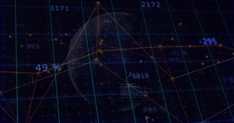 Displaying dotted 3D globe rotating in dashboard, with network lines, grid and Stock Illustration