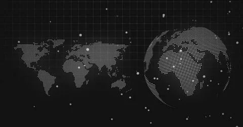 Displaying dotted 3D globe rotating on right in technical UI, with flat dotted Stock Illustration
