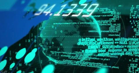 Displaying dotted 3D globe rotating in virtual cyber dashboard, with wireframe 스톡 일러스트