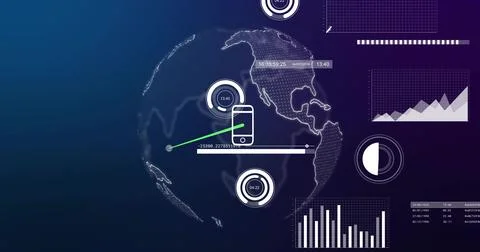 Displaying dotted 3D globe with smartphone icon, green connector and progress Illustrazione stock