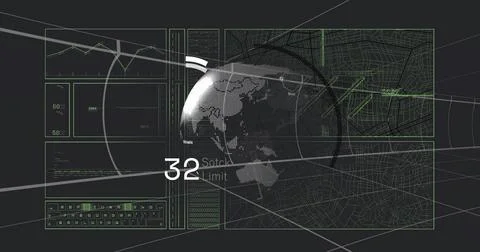 Displaying dotted 3D globe on virtual dashboard, showing '32' Sotck limit, ch Stock Illustration