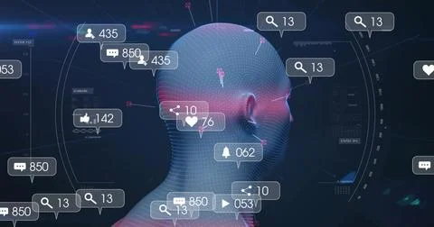 Displaying dotted 3D head mesh being analyzed with floating notification bubbles Stock Illustration