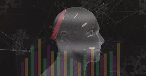 Displaying dotted 3D head mesh facing right in data space, with red cranial Stock Photos