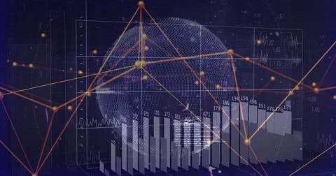 Displaying dotted 3D sphere with bar charts, line graphs in analytics interface Stock Photos