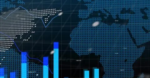 Displaying dotted Africa map on screen, with cyan bars, lightblue line, grid, Stock Illustration