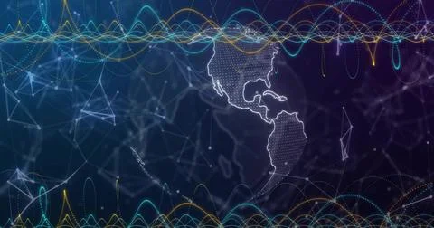 Displaying dotted Americas map glowing with contour and colorful waveform lines Stock Illustration