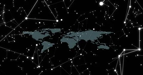 Displaying dotted cyan world map linking white glowing nodes and lines on Illustrazione stock