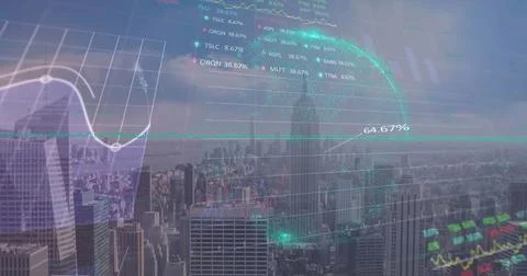 Displaying dotted digital globe mapping world data over urban skyline, with Stock Photos