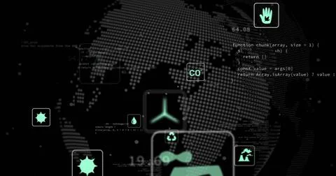 Displaying dotted digital globe projecting floating panels with eco icons and Stock Photos