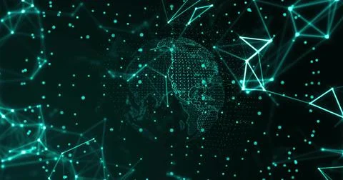 Displaying dotted digital globe rotating in virtual network, with glowing nodes, Stock Photos