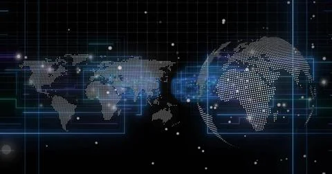 Displaying dotted flat world map and dotted 3D globe linking across virtual i Illustrazione stock