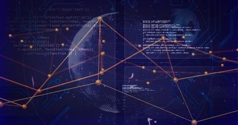 Displaying dotted globe and glowing gold nodes linking via orange lines in Illustrazione stock