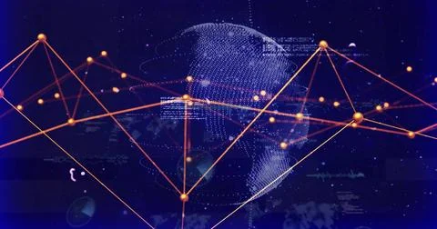 Displaying dotted globe and network mesh rotating in virtual data space, with Stock Photos