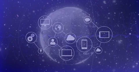 Displaying dotted globe connecting nodes in virtual network, with technology Stockillustratie