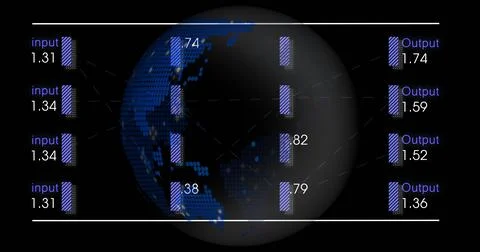 Displaying dotted globe of Earth between four purple input and Output value bars 스톡 일러스트