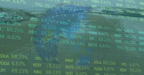 Displaying dotted globe floating over trading dashboard, showing ticker codes Stock-Illustration
