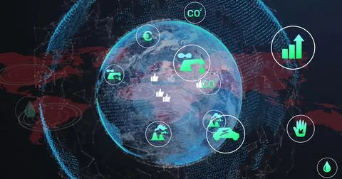 Displaying dotted globe graphic rotating in dark data dashboard, with CO?, Stock Illustration
