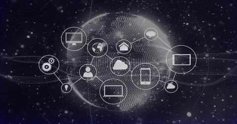 Displaying dotted globe linking network icons, dotted lines, waves, dots on n Stock Illustration