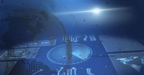 Displaying dotted globe with radar circle on screen, grid floor data overlay, 스톡 사진