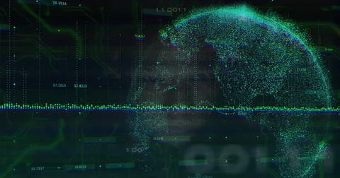 Displaying dotted globe at right of data view, showing waveform, circuits and Stock Illustration