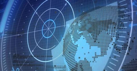 Displaying dotted globe on right, overlaying concentric radar rings and grid Stock Illustration