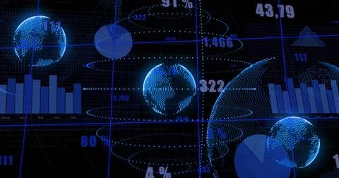Displaying dotted globe on right side grid HUD, showing rings, charts, numeric Stock Illustration