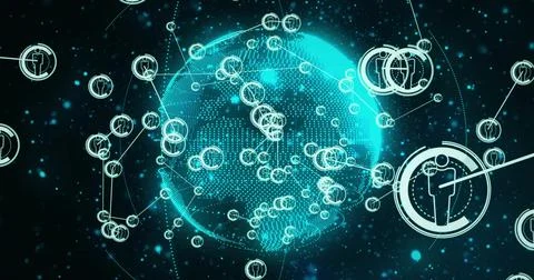 Displaying dotted globe rotating in cyberspace, with connected human icons and Foto stock