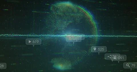 Displaying dotted globe rotating in dark tech dashboard, featuring waveform and Stock Illustration