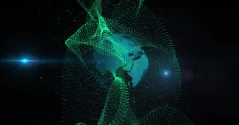 Displaying dotted globe rotating in dark digital void, teal ribbons, blue flare, Stock Illustration